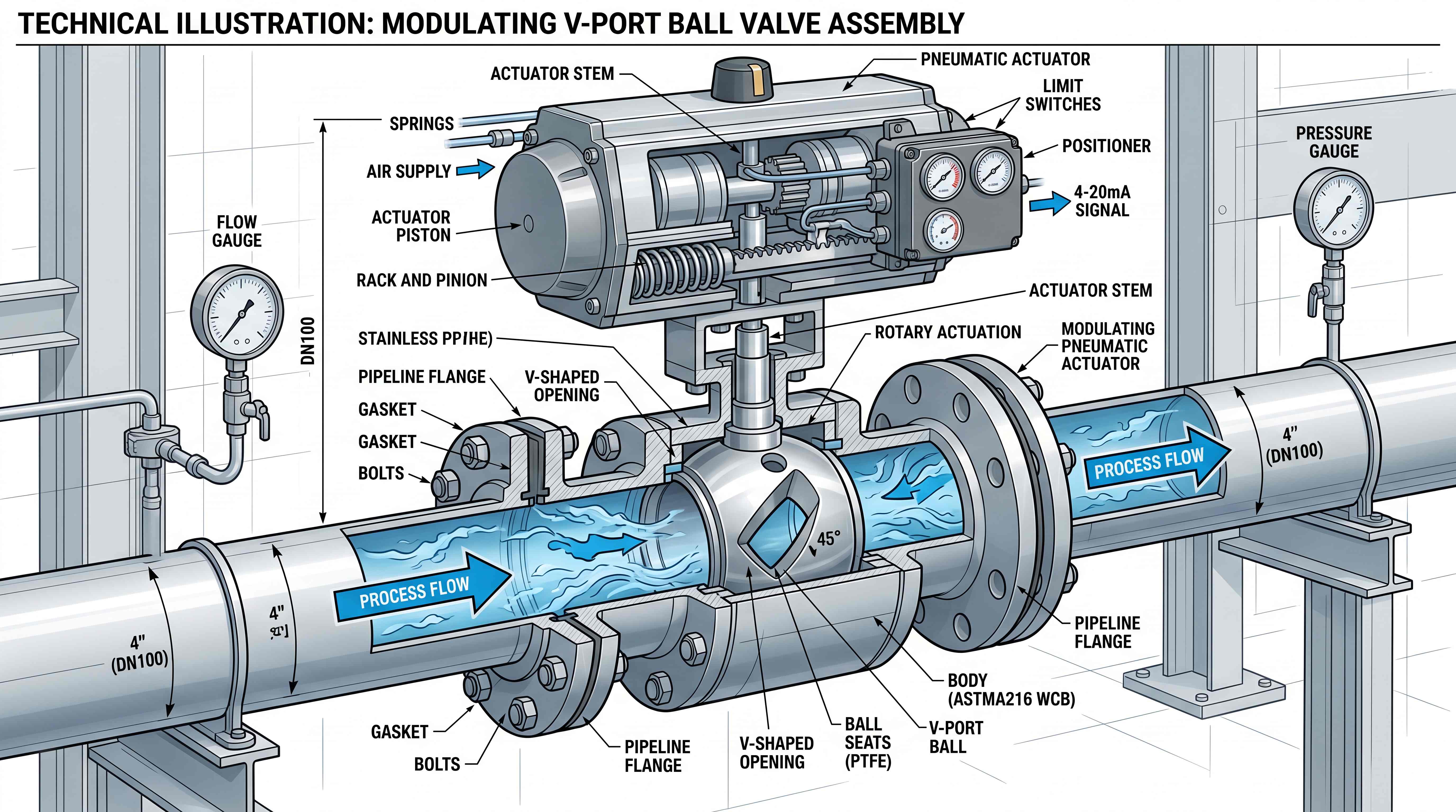 Modulating V port ball valve assembly with pneumatic actuator positioner 4-20mA control signal and process flow direction